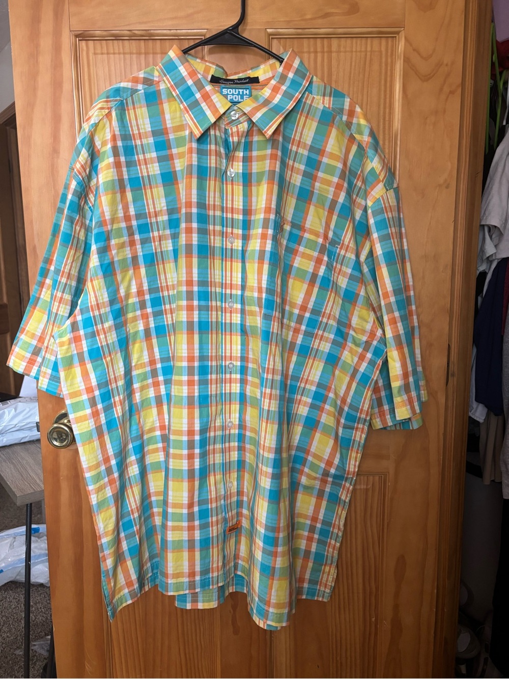 VTG Southpole Plaid Button Up Shirt 4XL Y2K Baggy Orange Turquoise Hexagon SP